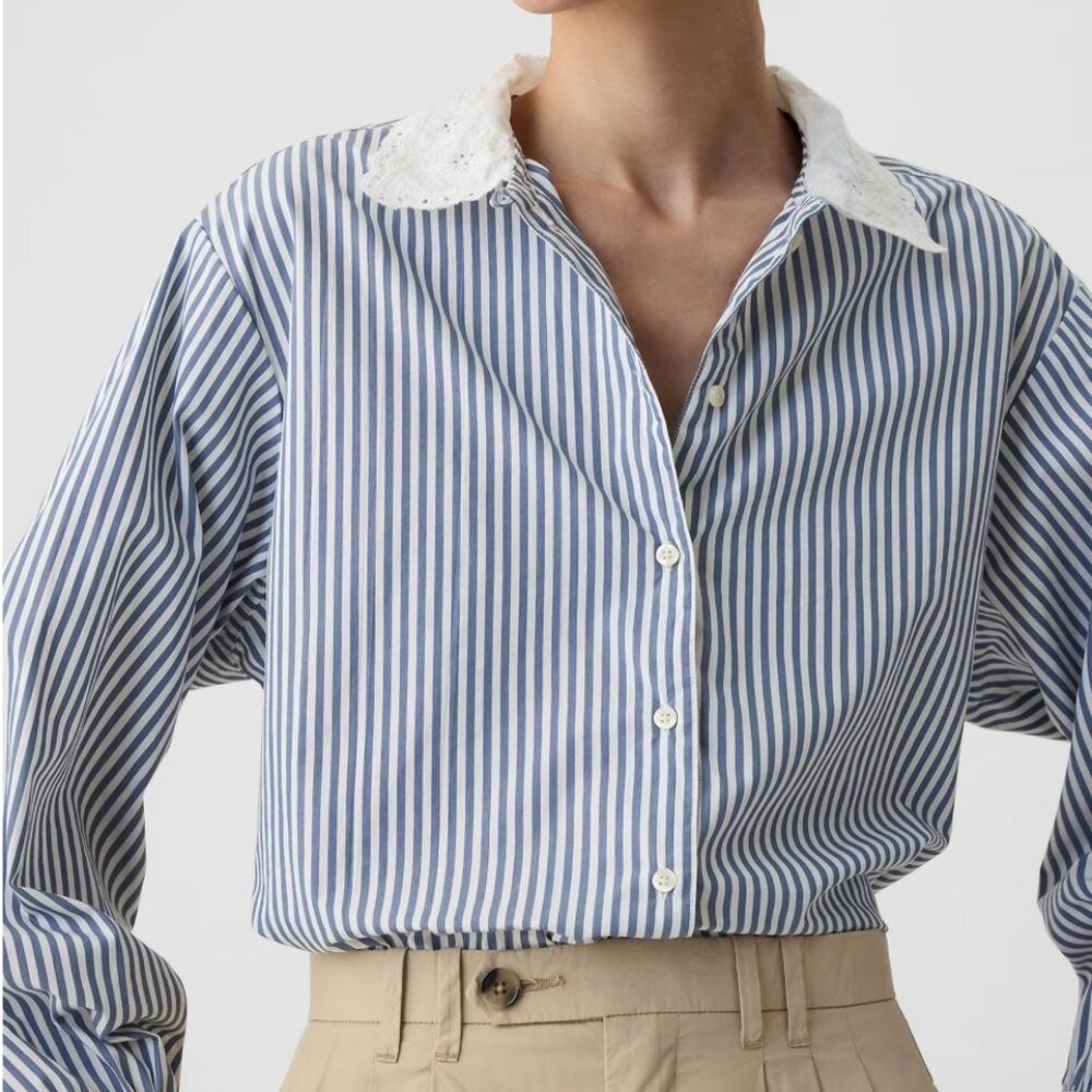 Striped Blue Button-Down Shirt with Eyelet Collar - Picture 4 of 8